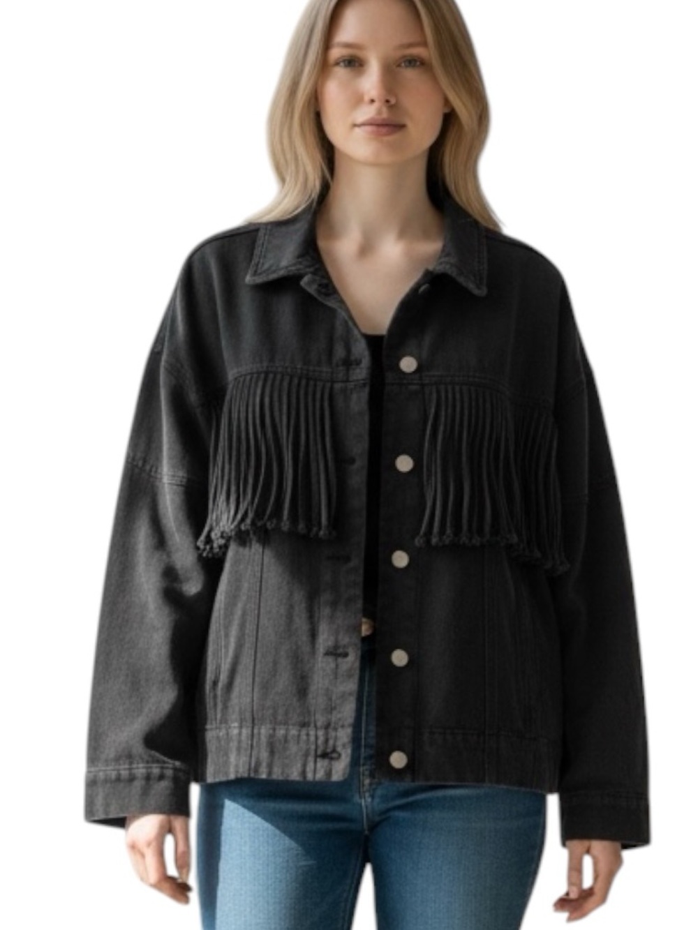 Talulah Fringe Denim Jacket Off Black M